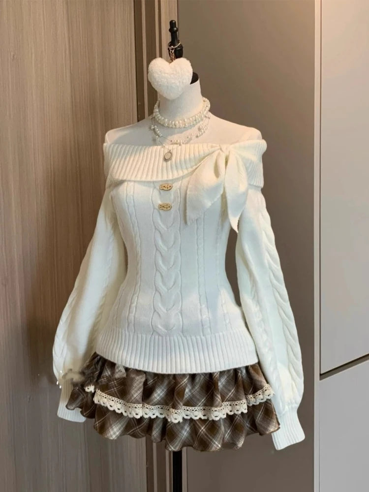Winter Sweet Kawaii Patchwork Sweater Women Japanese Fashion Vintage Hot Girl Knitted Tops Y2k Elegant Cute Bow Pullover New