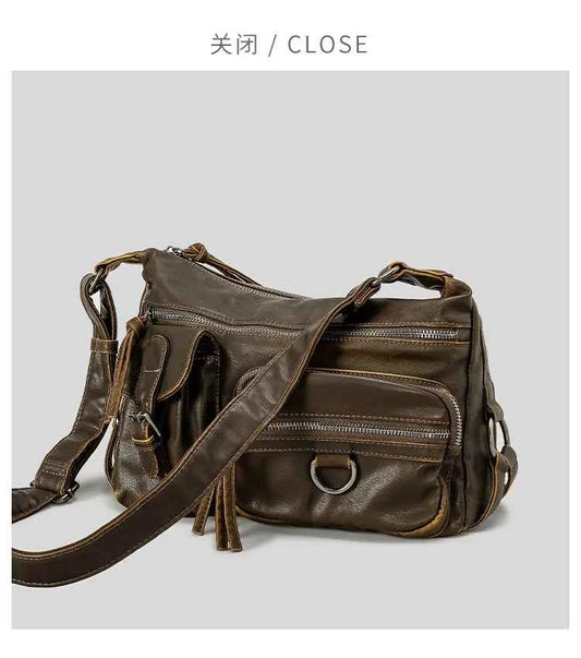 Vintage Multiple Pockets Women Shoulder Bags Luxury Washed Pu Leather Crossbody Bag Retro Motorcycle Bag Y2K Sac for Girls 2024