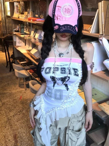 Women's Clothing Sexy Vest Fashion Irregular Summer Camis Y2k Tops 2025 Ropa Mujer Backless Slim Fit Ruffles Butterfly Tanks SS69 18.69 only white vest / XL