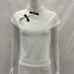 Women's Beige Chinese Style Cheongsam Blouse Vintage Mandarin Collar Short Sleeve Crop Top with Frog Button Keyhole Asymmetrical
