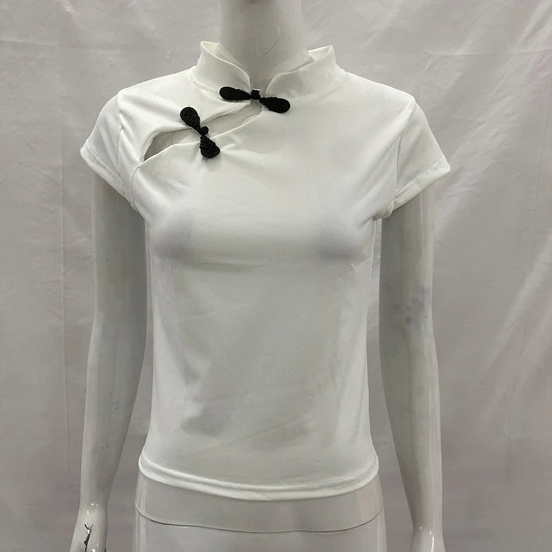 Women's Beige Chinese Style Cheongsam Blouse Vintage Mandarin Collar Short Sleeve Crop Top with Frog Button Keyhole Asymmetrical