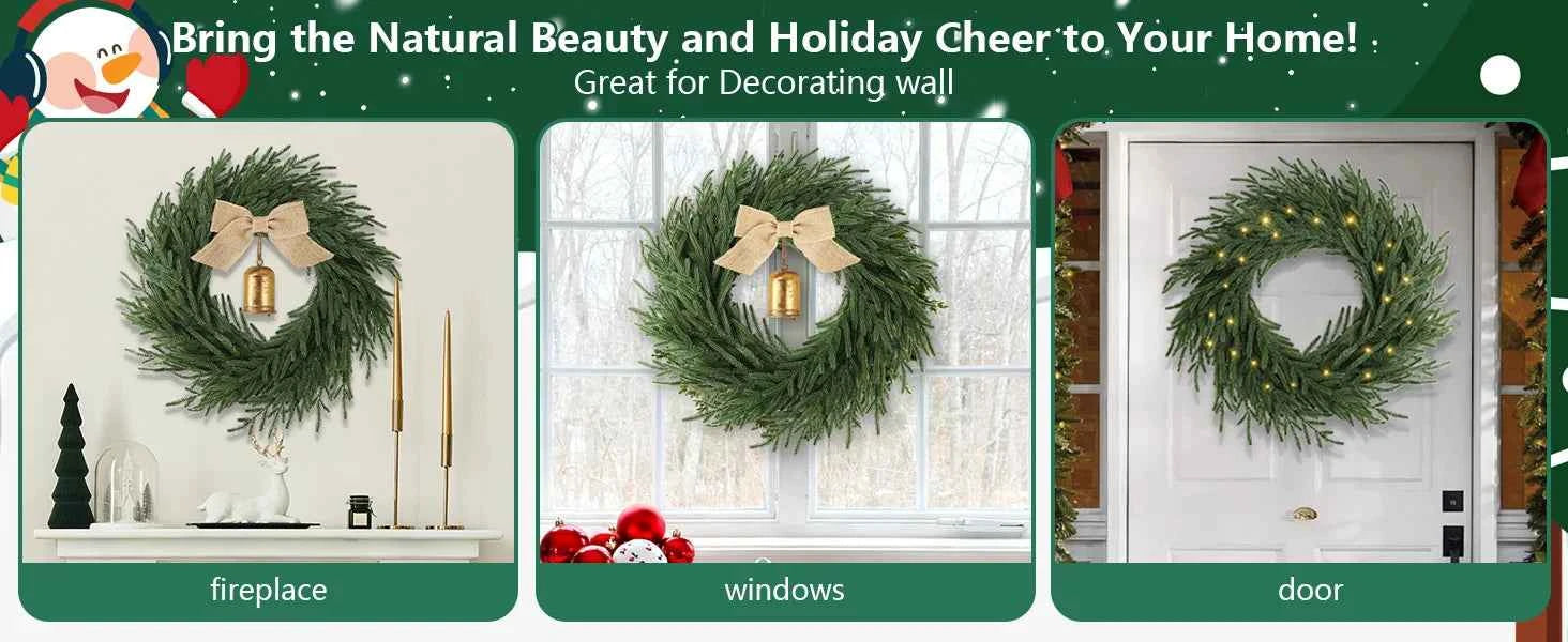 Norfolk Pine Holiday Wreath with LED Lights & Ribbon  24 Inch Battery Powered Front Door Decoration