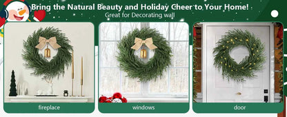 Norfolk Pine Holiday Wreath with LED Lights & Ribbon  24 Inch Battery Powered Front Door Decoration