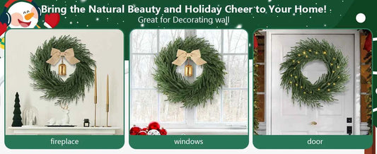 Norfolk Pine Holiday Wreath with LED Lights & Ribbon  24 Inch Battery Powered Front Door Decoration