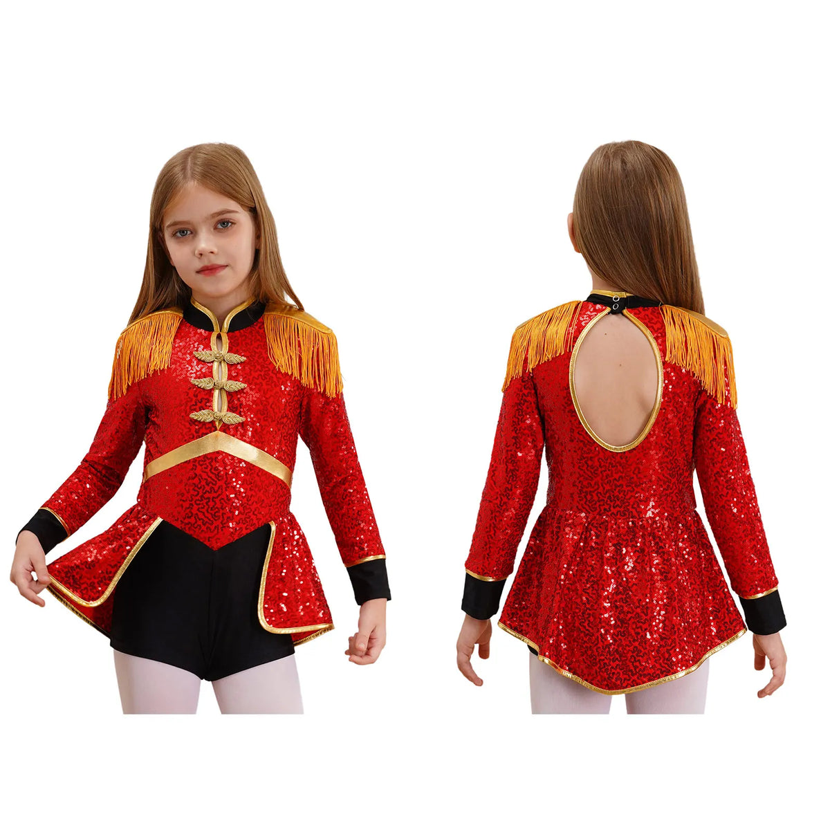 Moggemol Girls Sequin Ringmaster Bodysuit Long Sleeve Costume