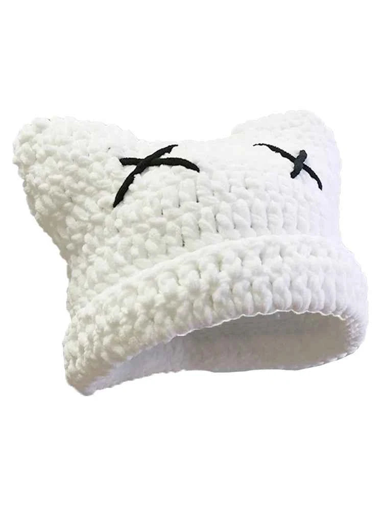 2025 New Hand-Knitted Bow Cat Ear Hooded Cap For Winter Men And Women, Striped Hollowed-Out Knitted Cap, K2y Street Style