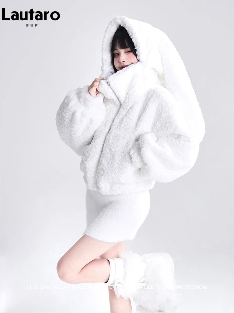 Lautaro Autumn Winter Sweet Cute Lovely Warm Soft White Short Faux Fur Coat Women  with Bunny Ears Fluffy Jacket Hoodie 2023 SS69 80.69 white / S