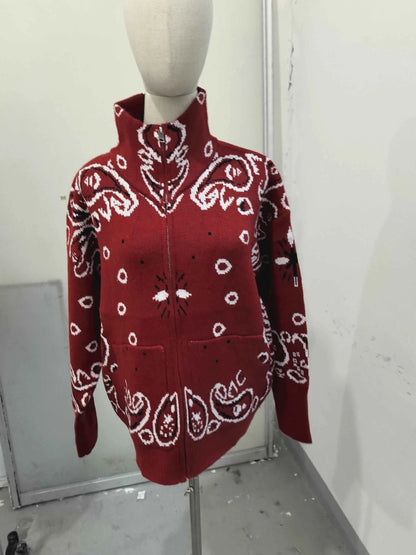 Warm Printed High Collar Knit Cardigans Women Contrast Jacquard Zipper Full Sleeve Pocket Sweater 2026 Spring Lady Chic Knitwear