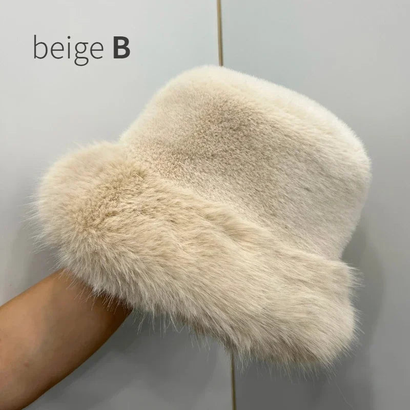 Women's Fluffy Faux Rabbit Fur Bucket Hat - Warm Plush Winter Cap