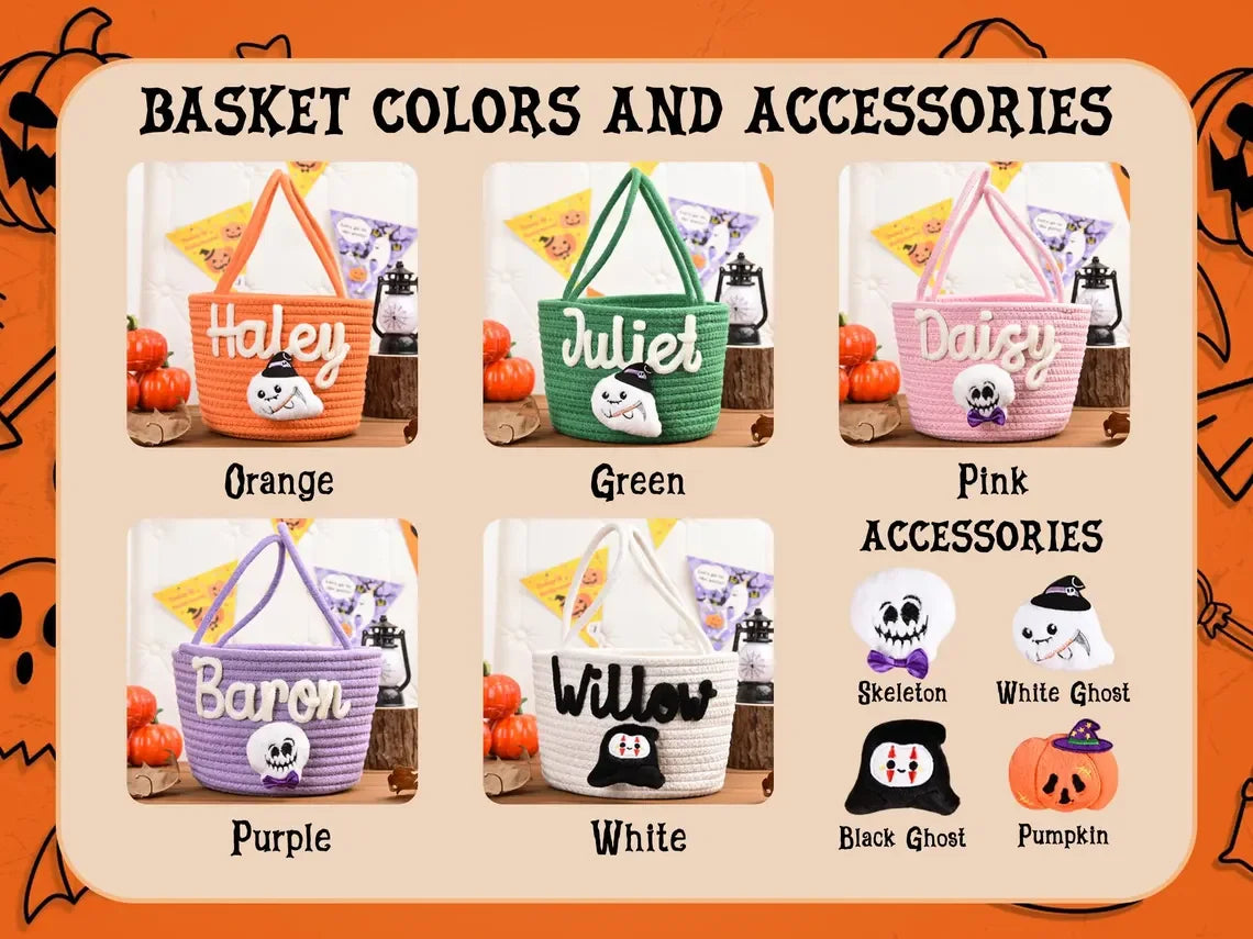 Custom Name Halloween Candy Basket, Personalized Cotton Trick or Treat Bag, Kids Candy Basket, Boo Basket, Halloween Gift,
