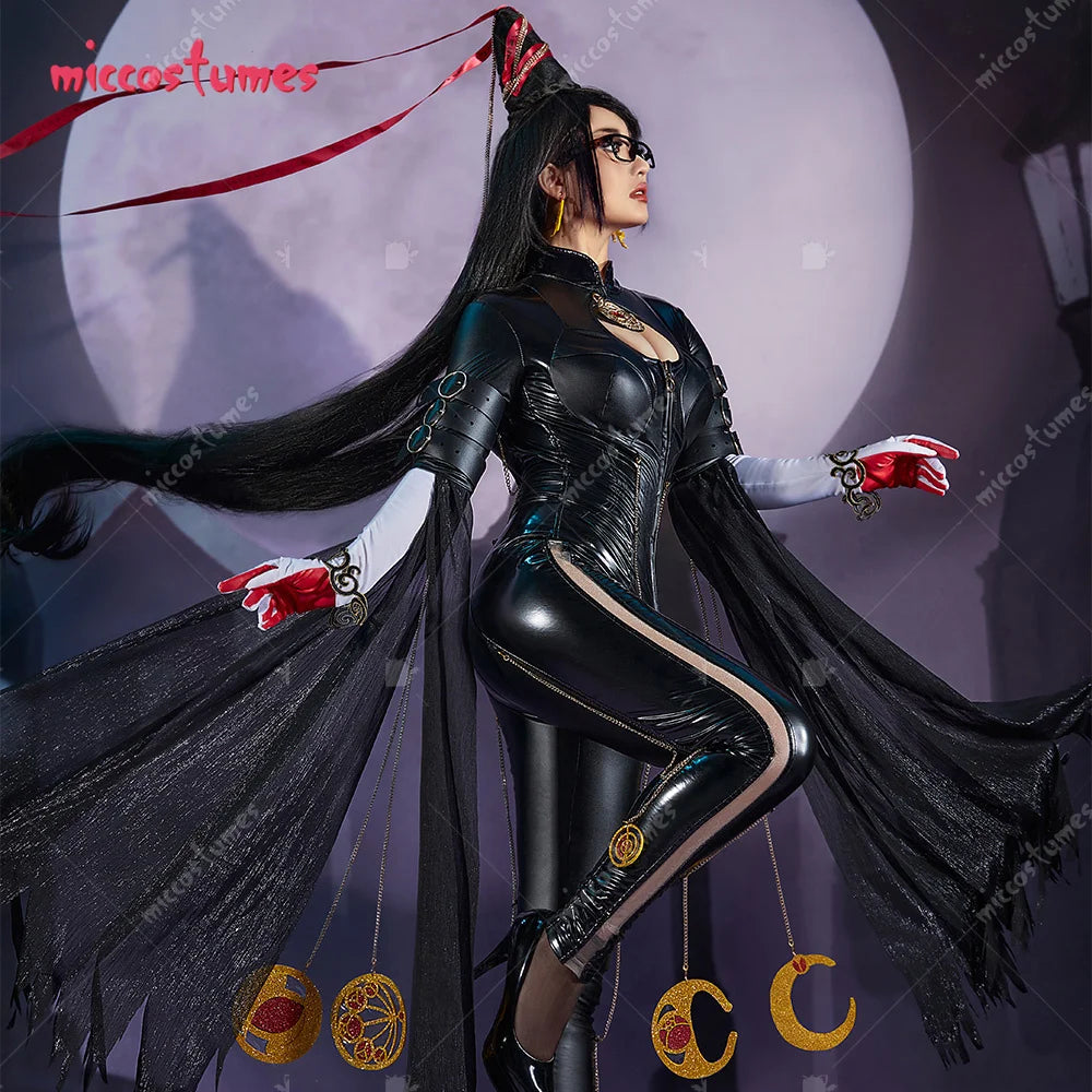 Miccostumes Women's Black Witch PU Leather Cosplay Bodysuit