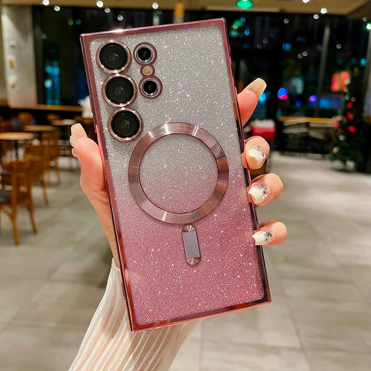 For Magsafe Plating Gradient Glitter Shockproof Phone Case For Samsung S25 S24 S23 S22 S21 S20 Ultra Plus FE Soft Bumper Cover SS69 8.69 For Samsung S24Ultra / Pink 1