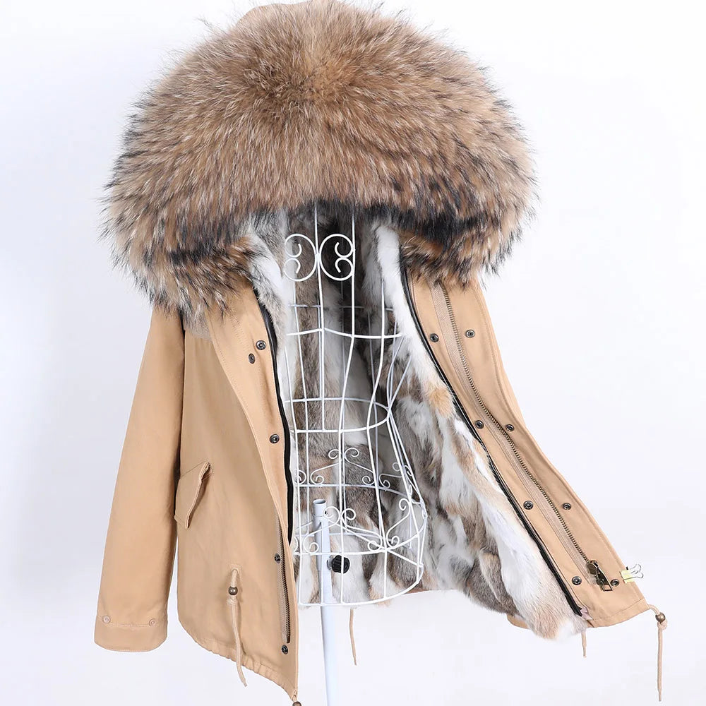 Maomaokong Winter Women Parka Cotton Jacket Real Fur Coat Natural Fox Fur Hooded Rabbit Fur Liner Thick Warm Outerwear Female