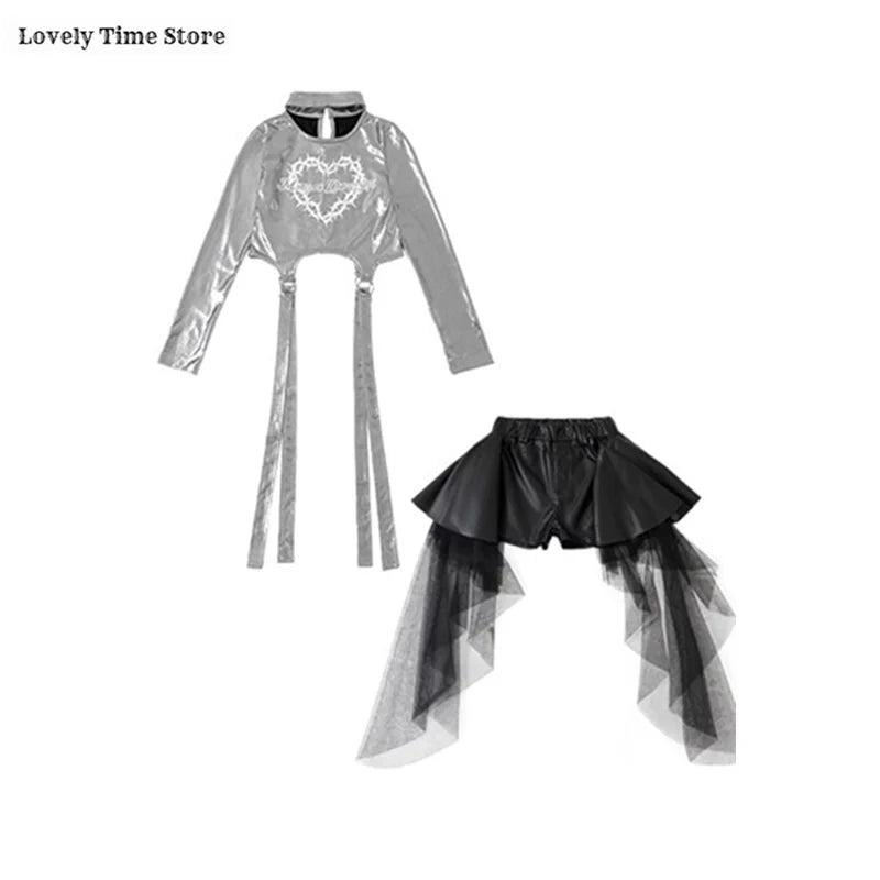 Girls Silver Shiny Crop Top and Ribbon Skirt Hip Hop Dance Streetwear Set