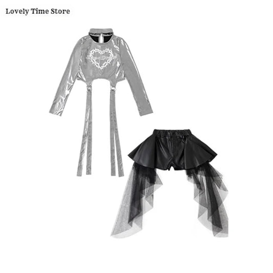 Girls Silver Shiny Crop Top and Ribbon Skirt Hip Hop Dance Streetwear Set