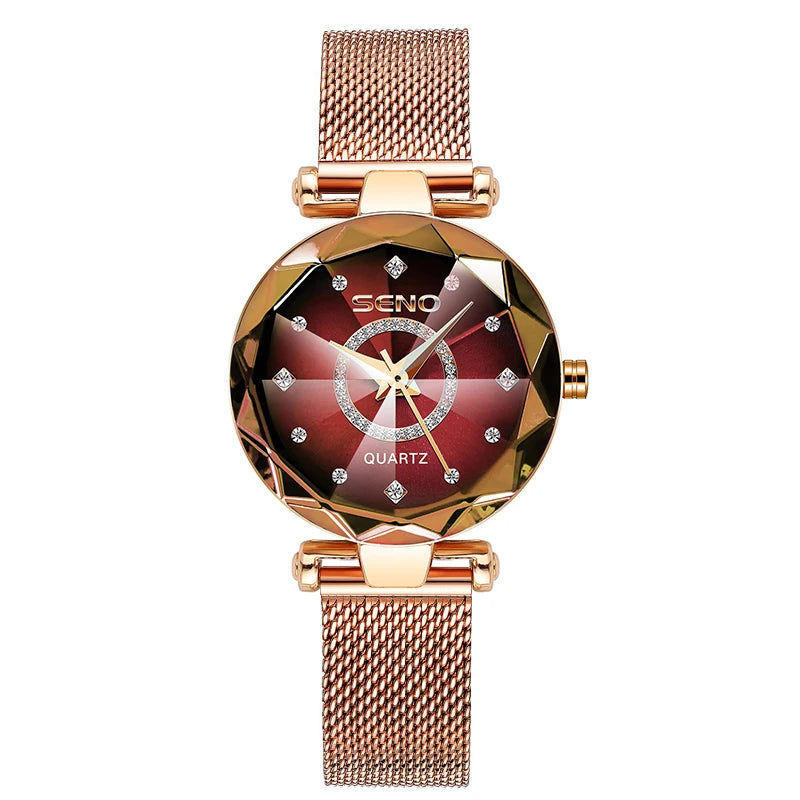 SENO Ocean Star Women Crystal Watch 2024 Top Brand Luxury Rose Gold Women Bracelet Watch for Ladies Wrist Watch Relogio Feminino SS69 18.69 mesh red