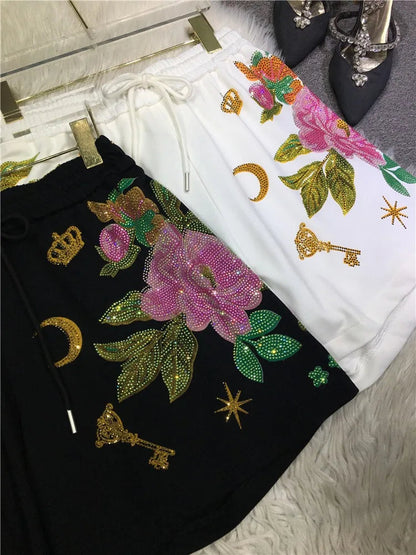 Oversized rhinestone diamond high-waisted black adjustable waist wide leg slacks Women's shorts SS69