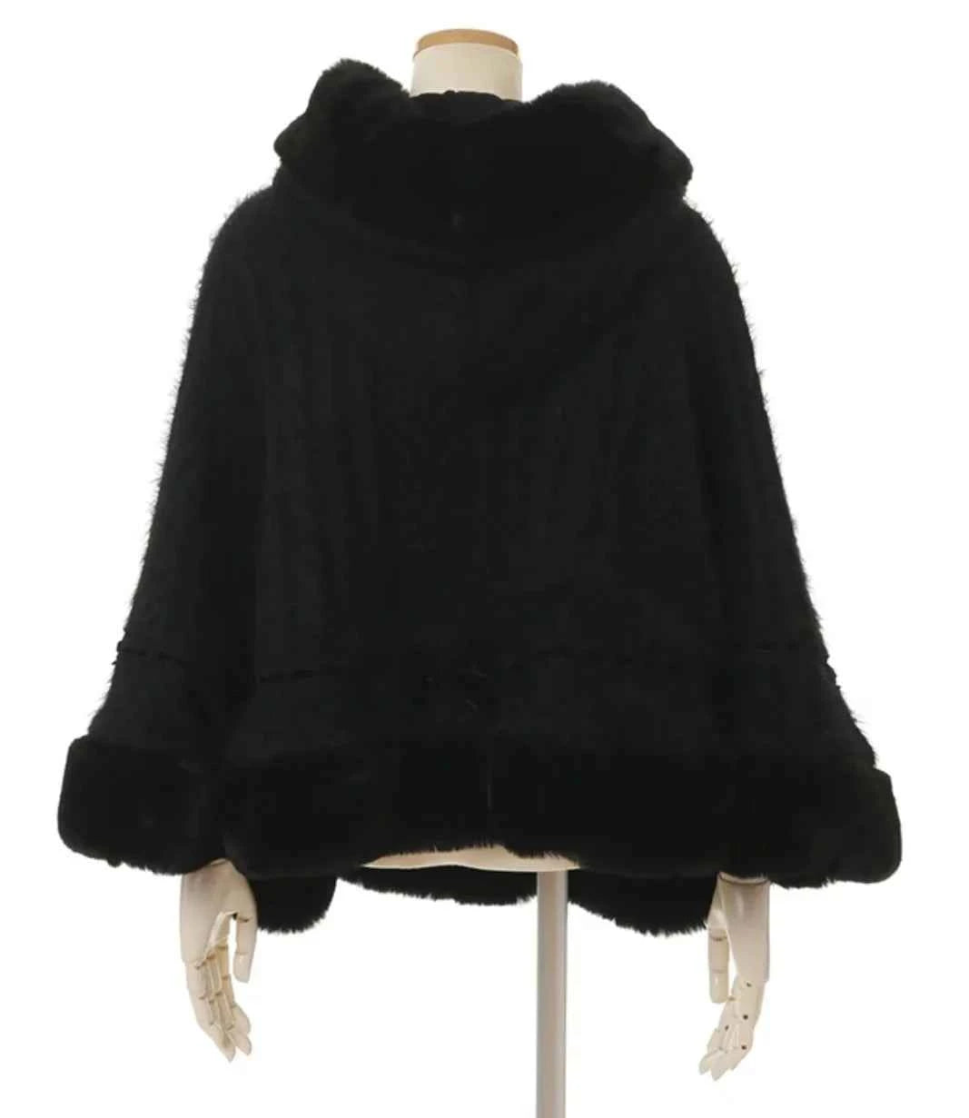 Japanese Sweet Soft Thick Women's Double-Layer Big Ribbon Hooded Knitted Cloak 3 Colors Autumn and Winter Ponchos Warm Jacket