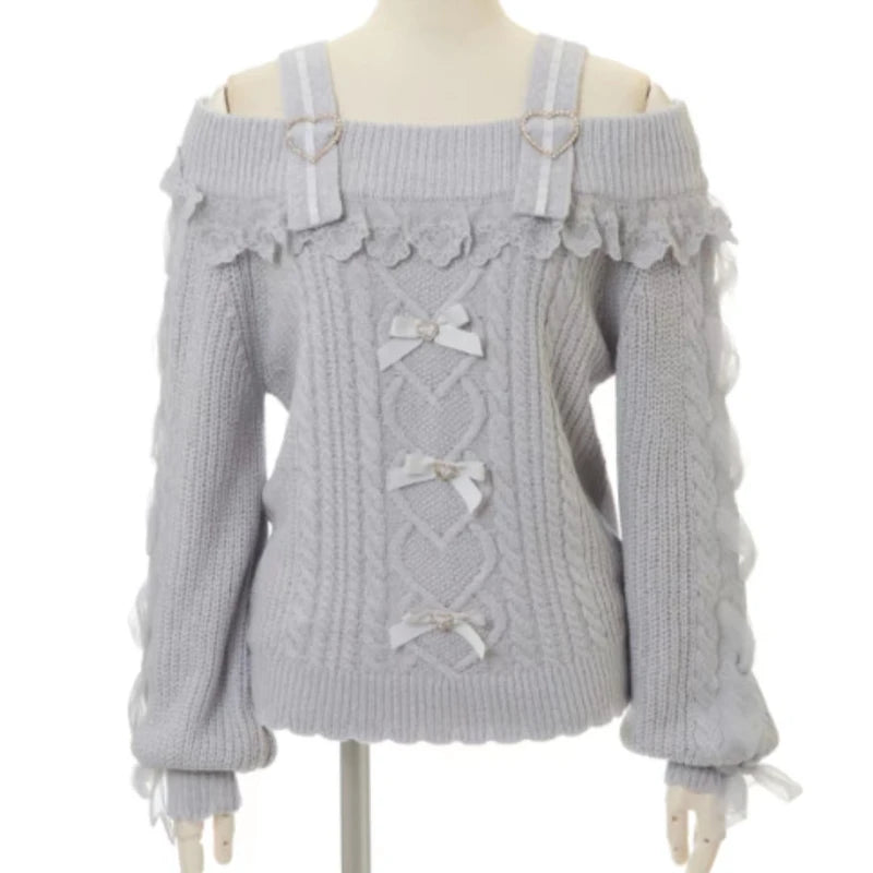 Sweet Lolita Knit Pullover with Lace Ruffles & Bows