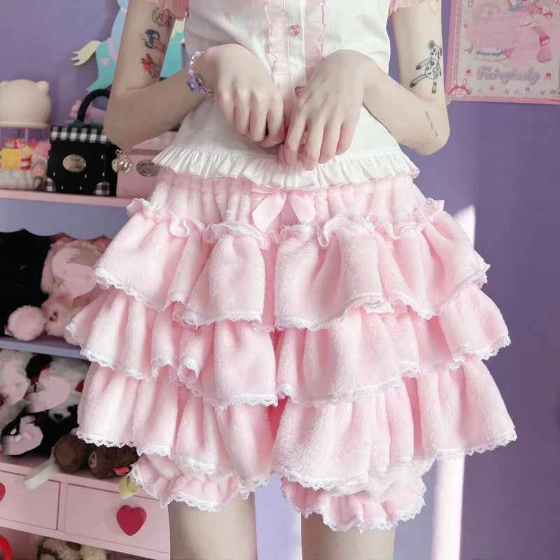 Harajuku Y2k Sweet Pink White Pumpkin Pants Lolita Autumn Winter JK Plush Shorts Japanese Kawaii Ruffles Lantern Shorts SS69