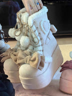 pink Sweet Winter Girls Lolita Mid-Calf Snow Boots,Cute Female Students Plush Warm Bowknots Lace Up Wedge Heel Heightening Shoes