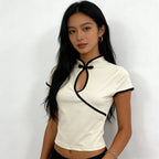 Women's Beige Chinese Style Cheongsam Blouse Vintage Mandarin Collar Short Sleeve Crop Top with Frog Button Keyhole Asymmetrical