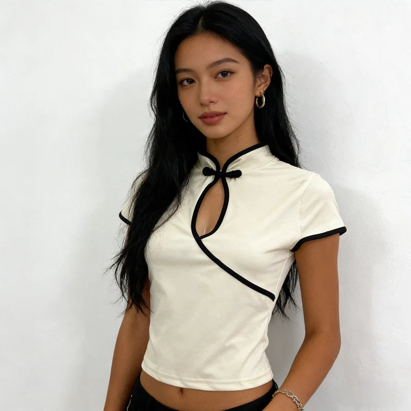 Women's Beige Chinese Style Cheongsam Blouse Vintage Mandarin Collar Short Sleeve Crop Top with Frog Button Keyhole Asymmetrical