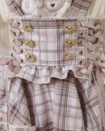 Original Japanese Mines Lolita Strap Skirts Women High Waist and Thin Frilly Pleated Skirt College Style Liz Girl Plaid Skirt