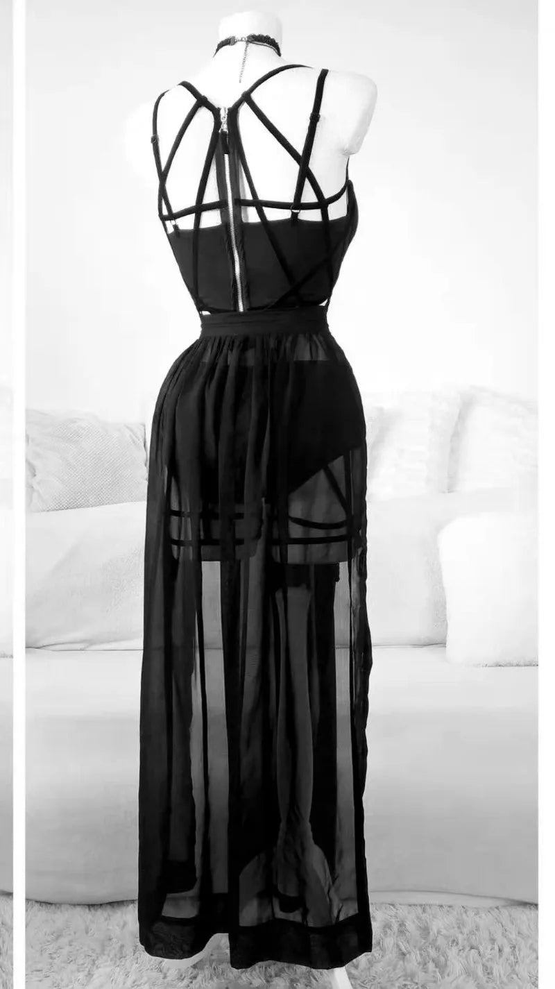 Gothic Mesh Backless Crop Top & Skirt Set - 3 Piece