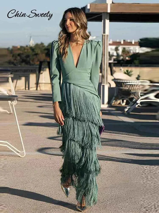 Women Stacked Tassel Maxi Dress Elegant Deep V Neck Full Sleeve Slim Fit Long Gowns Lady New Evening Party Fashion Robes 2025