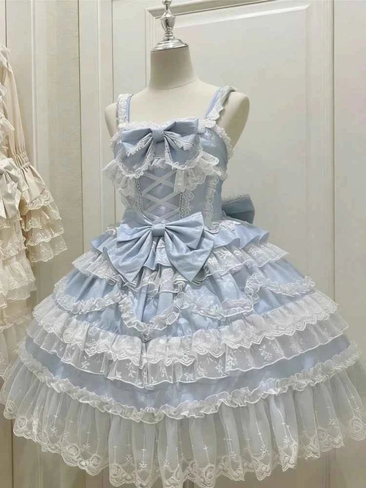 Kawaii Lovely Slim Lolita Dress Women Design Sweet Bow Sleeveless Sling Dresses Elegant Cute Pretty New Clothing