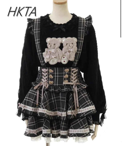 Original Japanese Mines Lolita Strap Skirts Women High Waist and Thin Frilly Pleated Skirt College Style Liz Girl Plaid Skirt