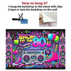 Retro 80s party background - polyester background, neon lights, tapes, amplifiers and the text "Back to the 80s"