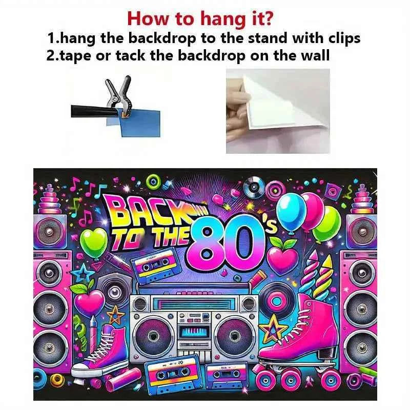 Retro 80s party background - polyester background, neon lights, tapes, amplifiers and the text "Back to the 80s"