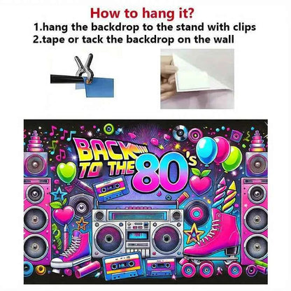 Retro 80s party background - polyester background, neon lights, tapes, amplifiers and the text "Back to the 80s"