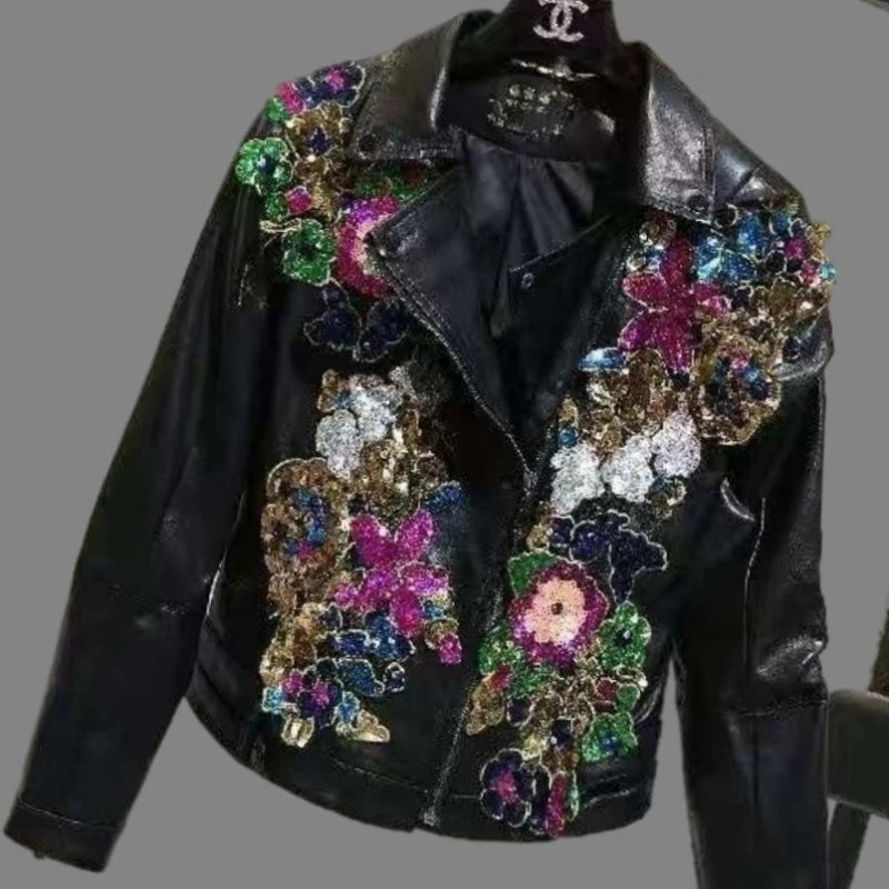 Chic Floral Sequined Embroidery Faux Leather Jacket Short Locomotive PU Coat Diamonds Beaded Turn Down Collar Zippers Streetwear SS69