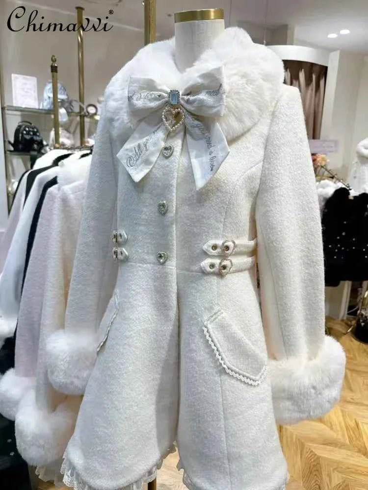 Japanese Sweet Bow Slim Medium Long Woolen Coat Winter New Faux Fur Collar Lolita Girl Women's Pink White Wool Jacket Overcoat