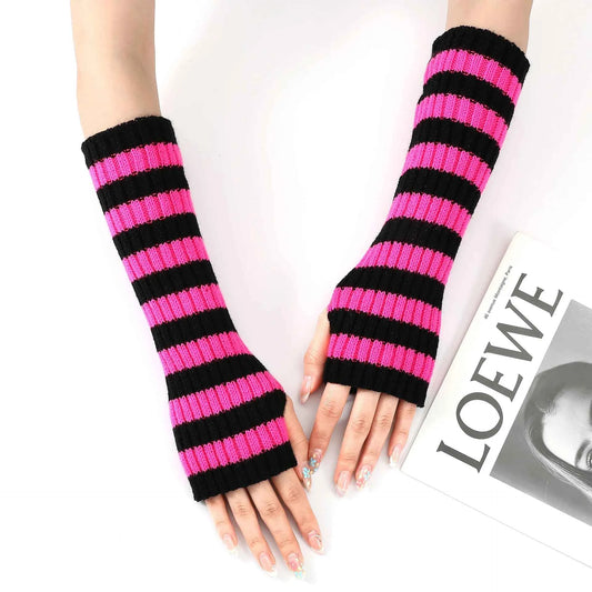 Women's Knitted Fingerless Arm Sleeves Gothic Style Striped Winter Long Arm Warmers Girls Harajuku Y2K Fashion Wrist Gloves
