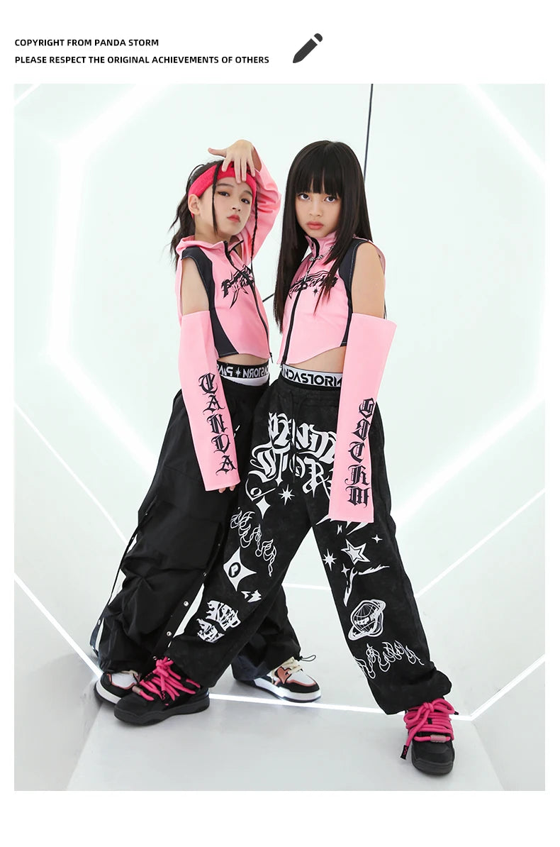 Hip Hop Dance Costume for Girls Pink Tops Black Pants Teenagers Boys Jazz Dance Performance Clothes Kpop Outfits Kids Stage Wear SS69