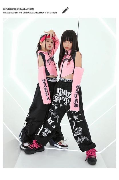 Hip Hop Dance Costume for Girls Pink Tops Black Pants Teenagers Boys Jazz Dance Performance Clothes Kpop Outfits Kids Stage Wear SS69