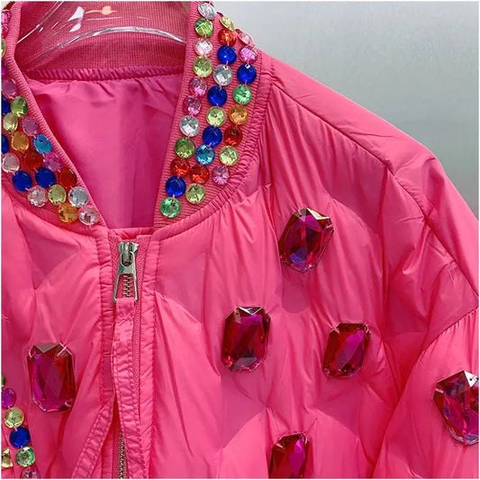 Winter Ruffles Mesh Stitching Rainbow Diamonds Parkas Jacket Gauze Pleated Gemstones Cotton-padded Coat Zippers Crystal Outwear SS69