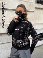 Warm Printed High Collar Knit Cardigans Women Contrast Jacquard Zipper Full Sleeve Pocket Sweater 2026 Spring Lady Chic Knitwear