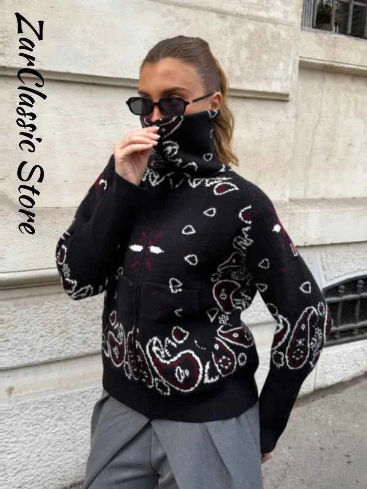 Warm Printed High Collar Knit Cardigans Women Contrast Jacquard Zipper Full Sleeve Pocket Sweater 2026 Spring Lady Chic Knitwear
