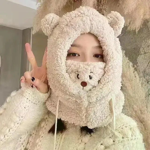 Winter Cartoon Hat With Mask Bear Lamb Beanie Hats Warm Thickened Ear Protection Skullies Beanies for Women Girl Kawaii SS69 10.69 Beige / 52-55cm
