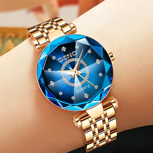SENO Ocean Star Women Crystal Watch 2024 Top Brand Luxury Rose Gold Women Bracelet Watch for Ladies Wrist Watch Relogio Feminino SS69 19.69 blue