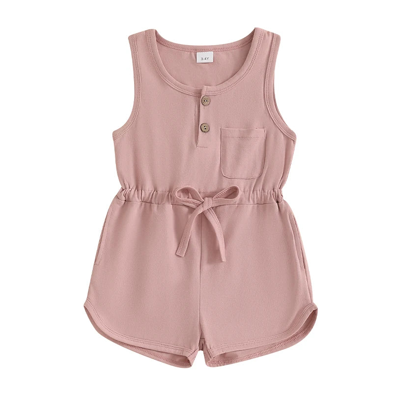 2024-12-04 Lioraitiin Litter Girls Summer Casual Jumpsuit Sleeveless Crewneck Solid Color Drawstring Tank Romper - SS69 