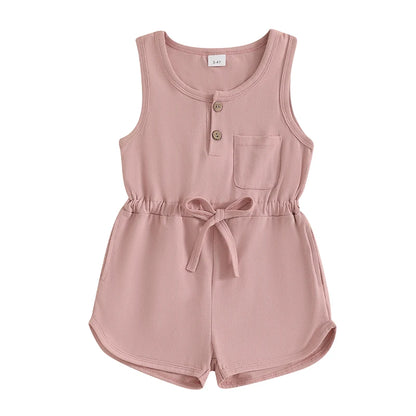 2024-12-04 Lioraitiin Litter Girls Summer Casual Jumpsuit Sleeveless Crewneck Solid Color Drawstring Tank Romper - SS69 