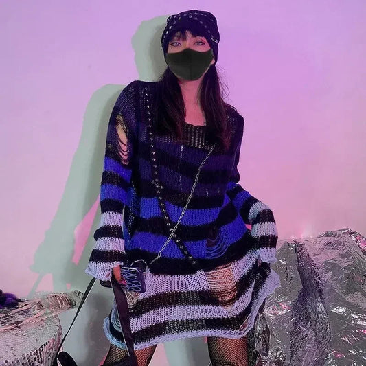 2024 Purple Striped Gothic Sweaters Women Ripped Holes Loose Knitted Pullover Frayed Fairy Grunge Jumpers Emo Streetwear Lolita SS69 14.69 Blue Gradient / One Size