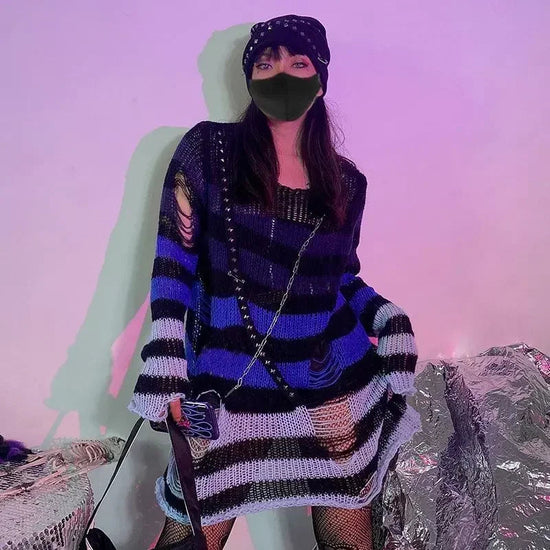 2024 Purple Striped Gothic Sweaters Women Ripped Holes Loose Knitted Pullover Frayed Fairy Grunge Jumpers Emo Streetwear Lolita SS69 14.69 Blue Gradient / One Size