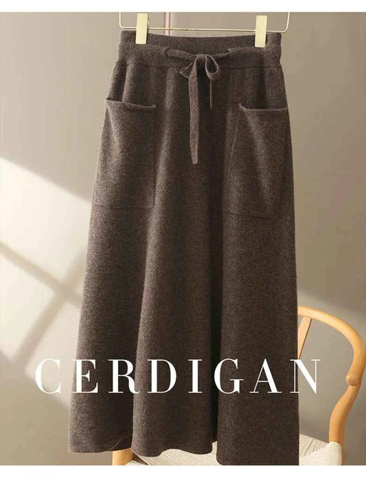 Autumn And Winter100% Pure Wool Skirt Women's Long Pocket Small A Skirt High Waist Slim Cashmere Knit A-Line Skirt
